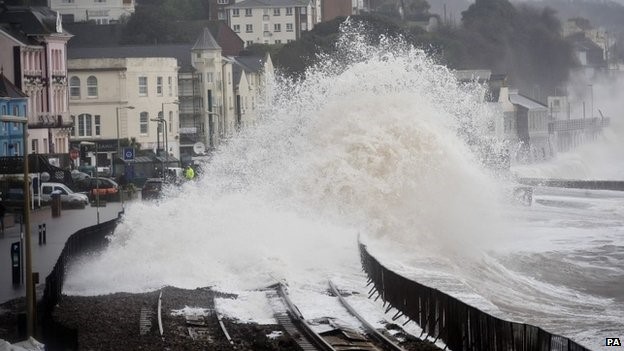 Waves crashing into seafront in Dawlish, England. 